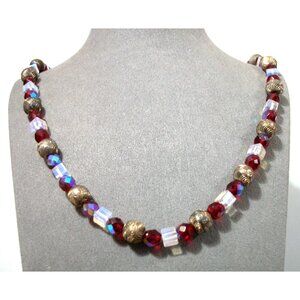 28" Glass Necklace mix of red, Faceted Glass & Ornate Metallic Beads